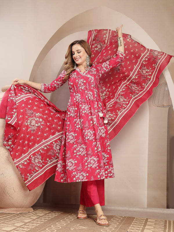 Gulmohar Jaipur Cotton Calf Length Printed 3/4 Sleeve V-Neck Flared Kurta Suit Set