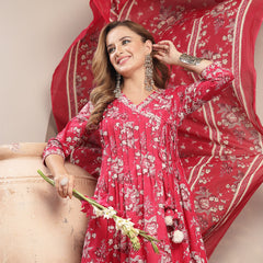 Gulmohar Jaipur Cotton Calf Length Printed 3/4 Sleeve V-Neck Flared Kurta Suit Set