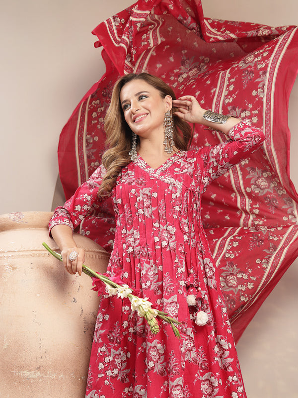 Gulmohar Jaipur Cotton Calf Length Printed 3/4 Sleeve V-Neck Flared Kurta Suit Set