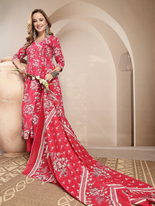 Gulmohar Jaipur Cotton Calf Length Printed 3/4 Sleeve V-Neck Flared Kurta Suit Set