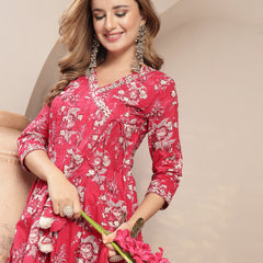 Gulmohar Jaipur Cotton Calf Length Printed 3/4 Sleeve V-Neck Flared Kurta Suit Set