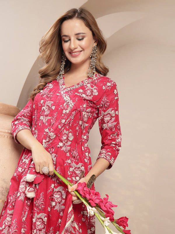 Gulmohar Jaipur Cotton Calf Length Printed 3/4 Sleeve V-Neck Flared Kurta Suit Set