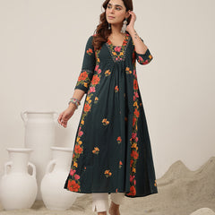 Rayon Calf Length Printed 3/4 Sleeve V-Neck Flared Kurta