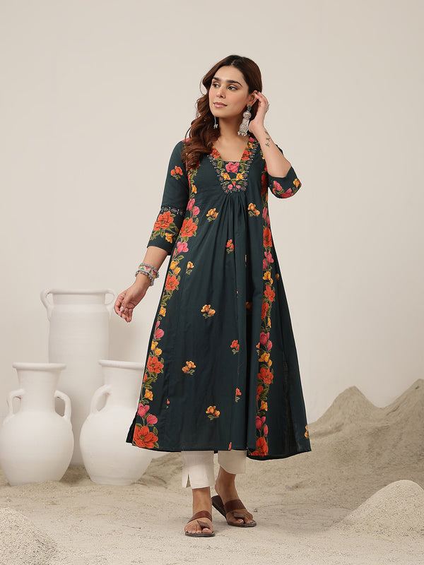 Rayon Calf Length Printed 3/4 Sleeve V-Neck Flared Kurta