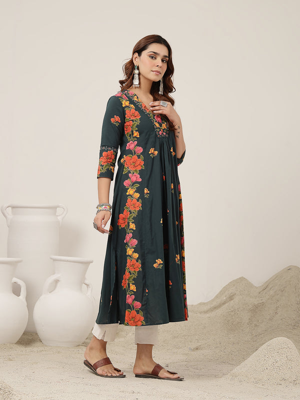 Rayon Calf Length Printed 3/4 Sleeve V-Neck Flared Kurta