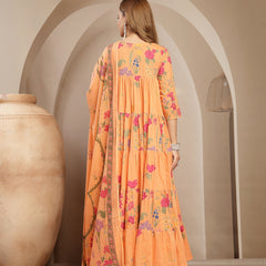 Gulmohar Jaipur Cotton Calf Length Printed 3/4 Sleeve Key Hole Neck Anarkali Kurta Suit Set