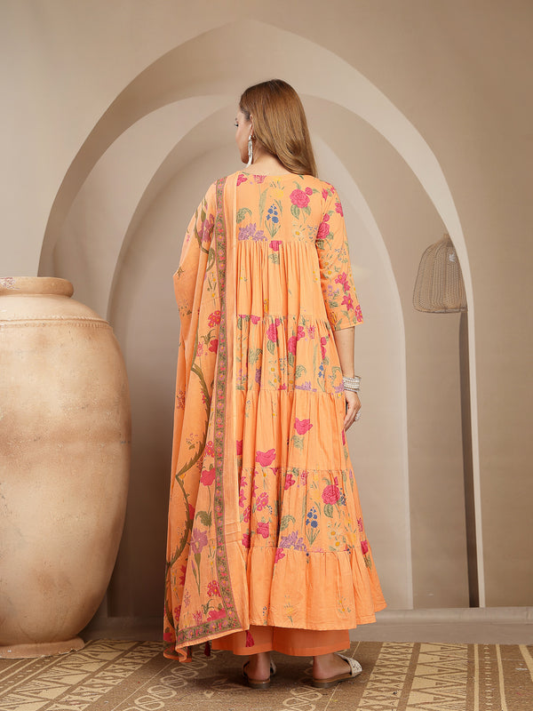 Gulmohar Jaipur Cotton Calf Length Printed 3/4 Sleeve Key Hole Neck Anarkali Kurta Suit Set