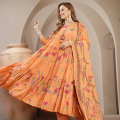 Gulmohar Jaipur Cotton Calf Length Printed 3/4 Sleeve Key Hole Neck Anarkali Kurta Suit Set