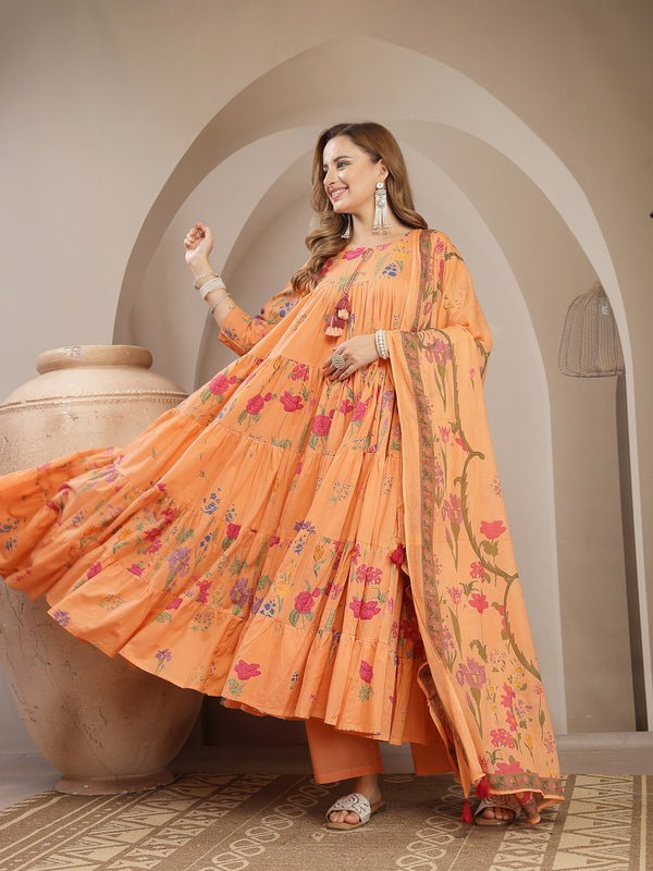 Gulmohar Jaipur Cotton Calf Length Printed 3/4 Sleeve Key Hole Neck Anarkali Kurta Suit Set