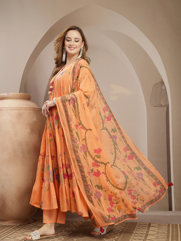 Gulmohar Jaipur Cotton Calf Length Printed 3/4 Sleeve Key Hole Neck Anarkali Kurta Suit Set
