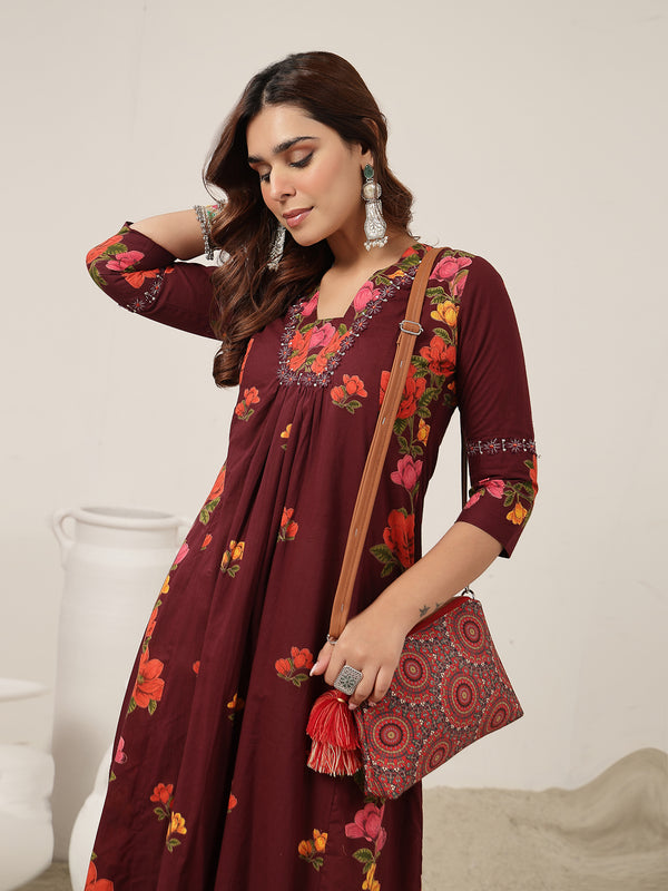 Rayon Calf Length Printed 3/4 Sleeve V-Neck Flared Kurta