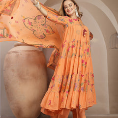 Gulmohar Jaipur Cotton Calf Length Printed 3/4 Sleeve Key Hole Neck Anarkali Kurta Suit Set