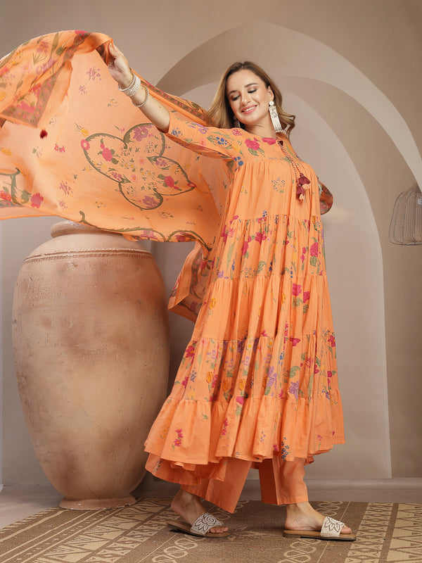 Gulmohar Jaipur Cotton Calf Length Printed 3/4 Sleeve Key Hole Neck Anarkali Kurta Suit Set