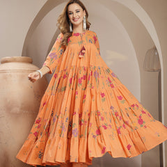 Gulmohar Jaipur Cotton Calf Length Printed 3/4 Sleeve Key Hole Neck Anarkali Kurta Suit Set