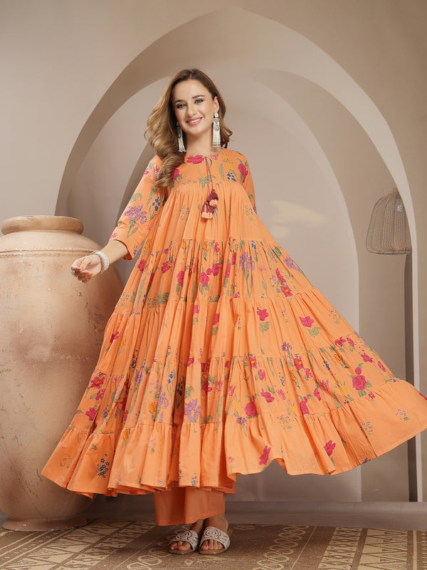 Gulmohar Jaipur Cotton Calf Length Printed 3/4 Sleeve Key Hole Neck Anarkali Kurta Suit Set