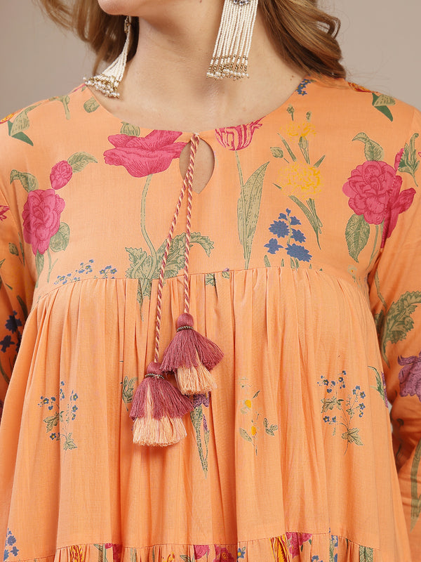 Gulmohar Jaipur Cotton Calf Length Printed 3/4 Sleeve Key Hole Neck Anarkali Kurta Suit Set