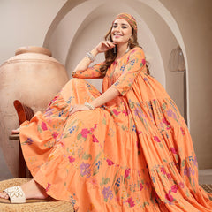 Gulmohar Jaipur Cotton Calf Length Printed 3/4 Sleeve Key Hole Neck Anarkali Kurta Suit Set