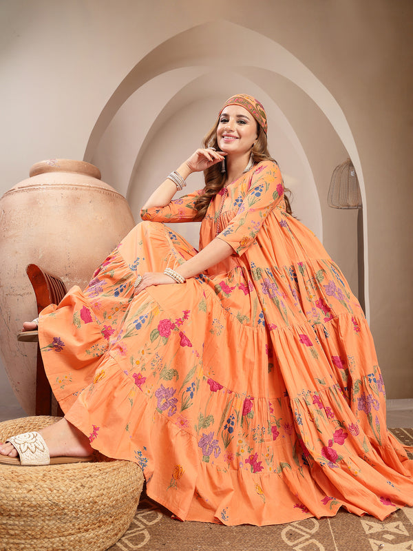 Gulmohar Jaipur Cotton Calf Length Printed 3/4 Sleeve Key Hole Neck Anarkali Kurta Suit Set