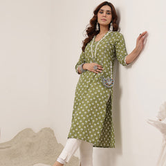 Cotton Calf Length Printed 3/4 Sleeve V-Neck Straight Kurta