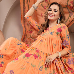 Gulmohar Jaipur Cotton Calf Length Printed 3/4 Sleeve Key Hole Neck Anarkali Kurta Suit Set