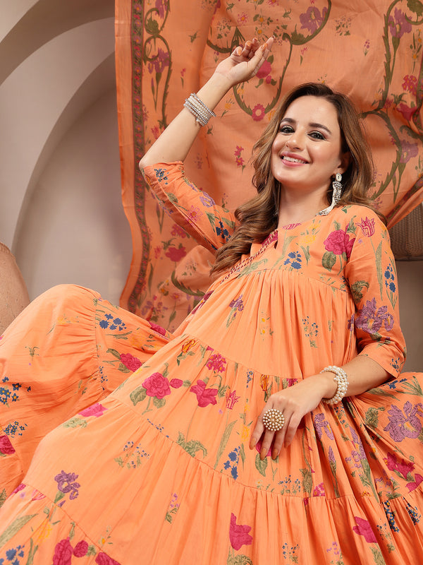 Gulmohar Jaipur Cotton Calf Length Printed 3/4 Sleeve Key Hole Neck Anarkali Kurta Suit Set