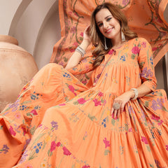 Gulmohar Jaipur Cotton Calf Length Printed 3/4 Sleeve Key Hole Neck Anarkali Kurta Suit Set