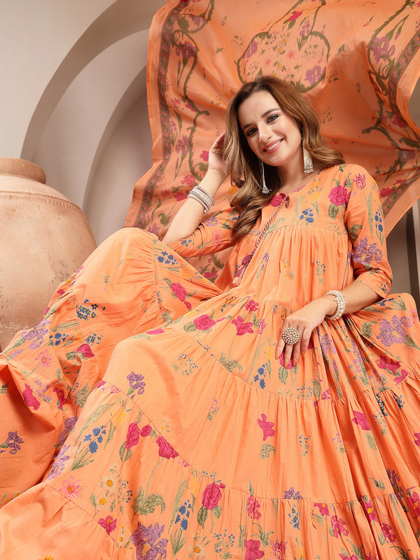 Gulmohar Jaipur Cotton Calf Length Printed 3/4 Sleeve Key Hole Neck Anarkali Kurta Suit Set