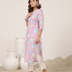 Cotton Calf Length Printed 3/4 Sleeve Round Neck Straight Kurta