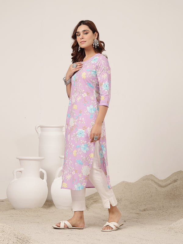 Cotton Calf Length Printed 3/4 Sleeve Round Neck Straight Kurta