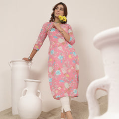 Cotton Calf Length Printed 3/4 Sleeve Round Neck Straight Kurta