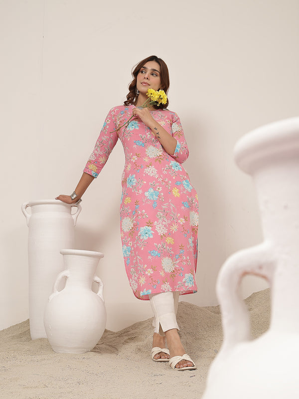 Cotton Calf Length Printed 3/4 Sleeve Round Neck Straight Kurta