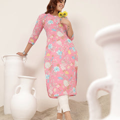 Cotton Calf Length Printed 3/4 Sleeve Round Neck Straight Kurta
