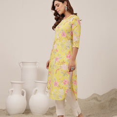 Cotton Calf Length Printed 3/4 Sleeve Round Neck Straight Kurta