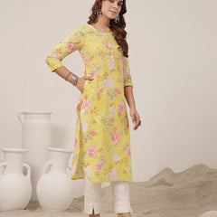 Cotton Calf Length Printed 3/4 Sleeve Round Neck Straight Kurta
