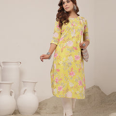 Cotton Calf Length Printed 3/4 Sleeve Round Neck Straight Kurta