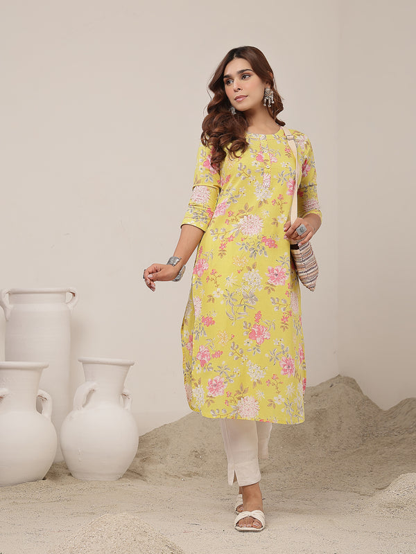 Cotton Calf Length Printed 3/4 Sleeve Round Neck Straight Kurta