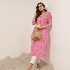 Cotton Calf Length Printed 3/4 Sleeve V-Neck Straight Kurta