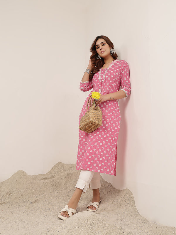 Cotton Calf Length Printed 3/4 Sleeve V-Neck Straight Kurta