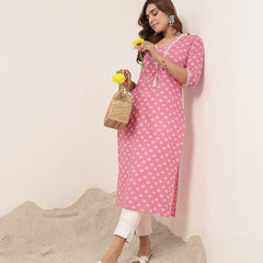 Cotton Calf Length Printed 3/4 Sleeve V-Neck Straight Kurta