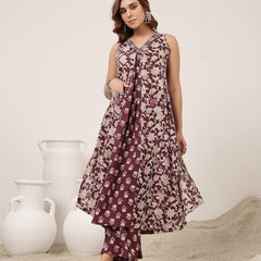 Rayon Calf Length Printed Sleeveless V-Neck Flared Kurta