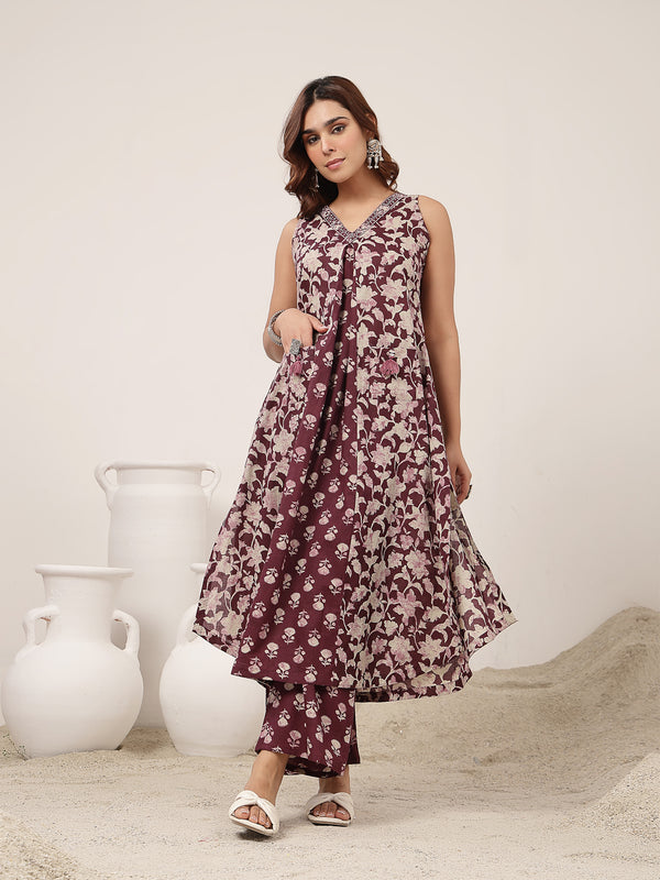 Rayon Calf Length Printed Sleeveless V-Neck Flared Kurta