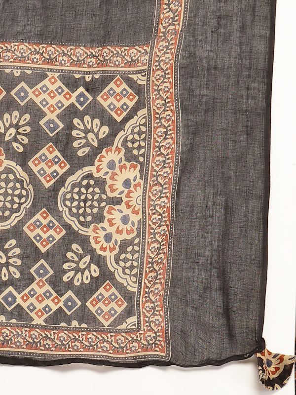 Gulmohar Jaipur Cotton Calf Length Printed 3/4 Sleeve Round Neck Flared Kurta Suit Set