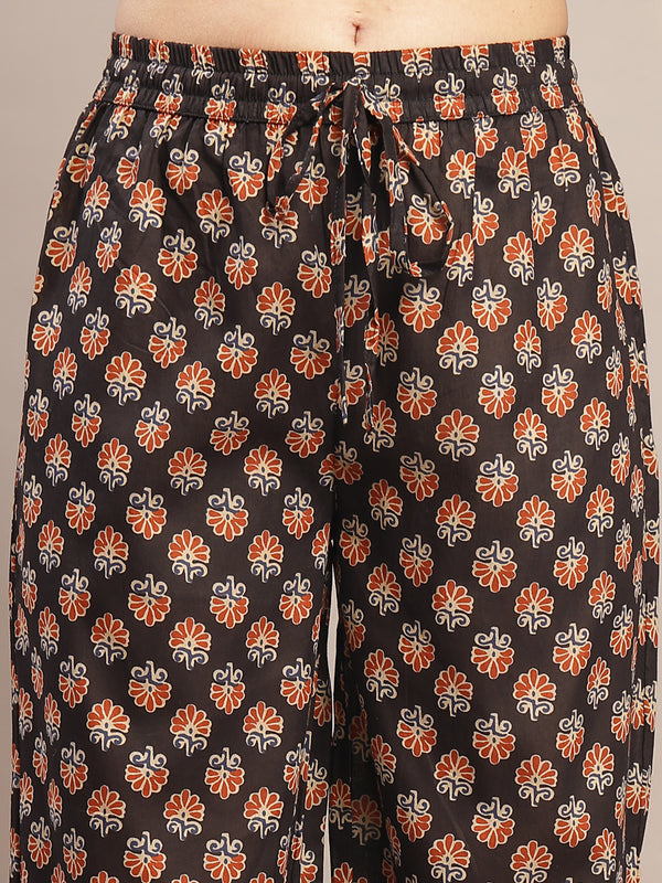 Gulmohar Jaipur Cotton Calf Length Printed 3/4 Sleeve Round Neck Flared Kurta Suit Set
