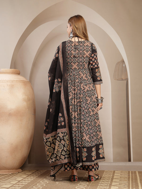 Gulmohar Jaipur Cotton Calf Length Printed 3/4 Sleeve Round Neck Flared Kurta Suit Set