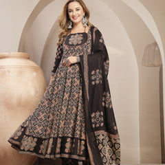 Gulmohar Jaipur Cotton Calf Length Printed 3/4 Sleeve Round Neck Flared Kurta Suit Set