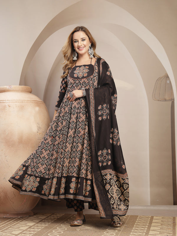 Gulmohar Jaipur Cotton Calf Length Printed 3/4 Sleeve Round Neck Flared Kurta Suit Set