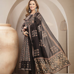 Gulmohar Jaipur Cotton Calf Length Printed 3/4 Sleeve Round Neck Flared Kurta Suit Set