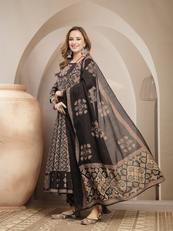 Gulmohar Jaipur Cotton Calf Length Printed 3/4 Sleeve Round Neck Flared Kurta Suit Set