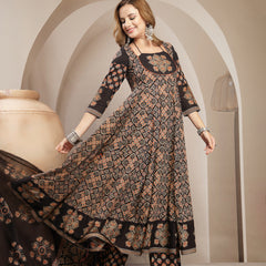 Gulmohar Jaipur Cotton Calf Length Printed 3/4 Sleeve Round Neck Flared Kurta Suit Set