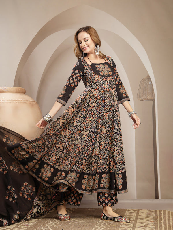 Gulmohar Jaipur Cotton Calf Length Printed 3/4 Sleeve Round Neck Flared Kurta Suit Set